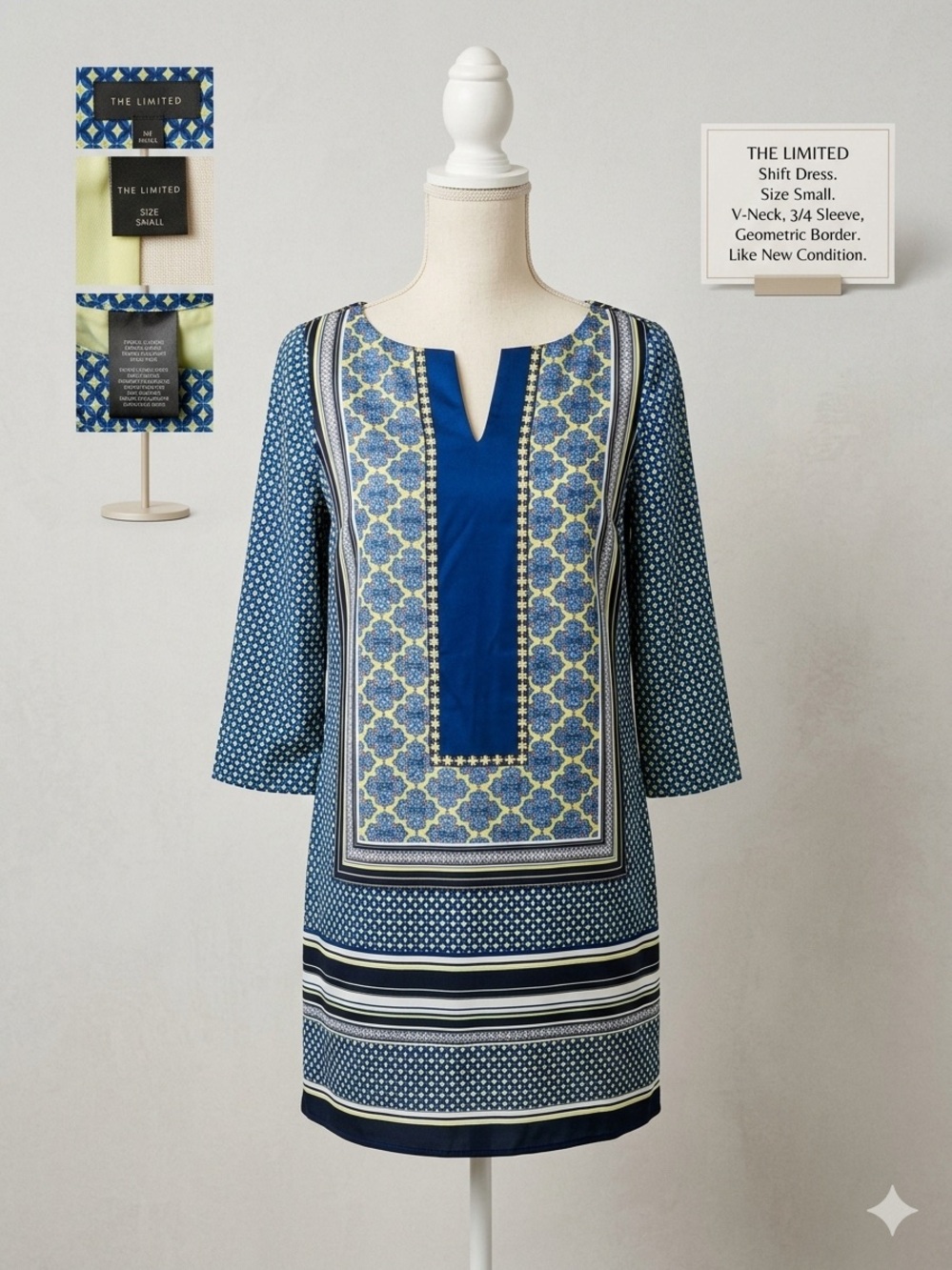 The Limited Blue & Cream Geometric Shift Dress - V-Neck, 3/4 Sleeve